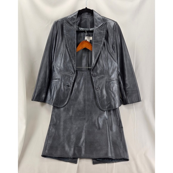 Vakko Dresses & Skirts - Vintage VAKKO New York Leather Skirt Blazer Suit Set Gunmetal Gray 2PC XS